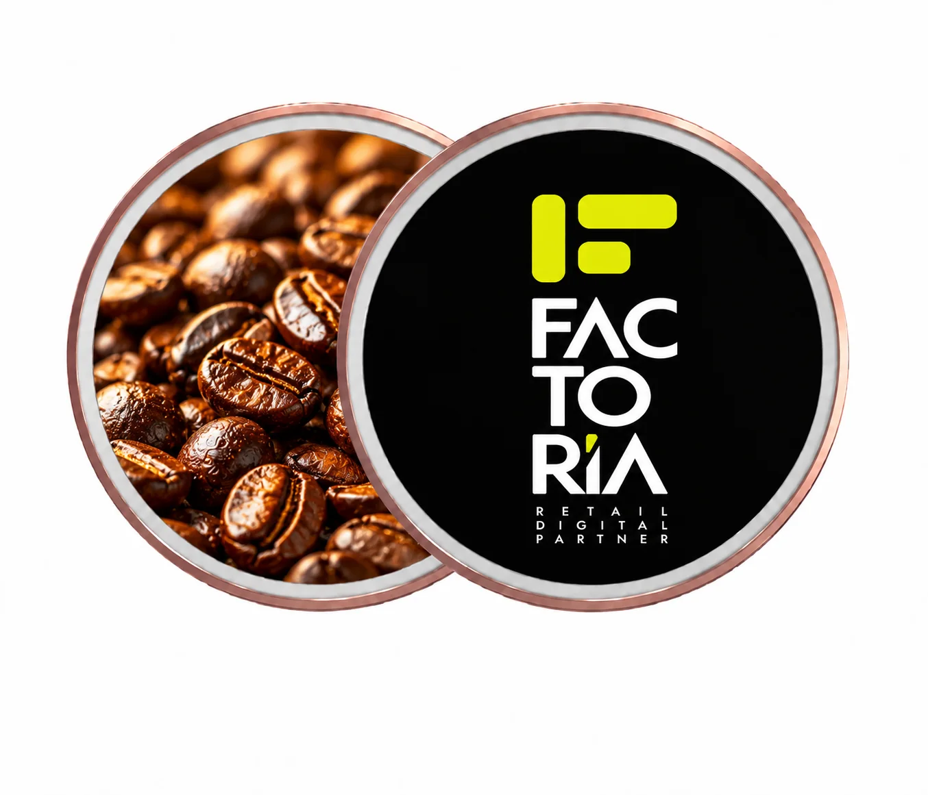 Pantallas circulares con el logo de Factoría y contenido de granos de café