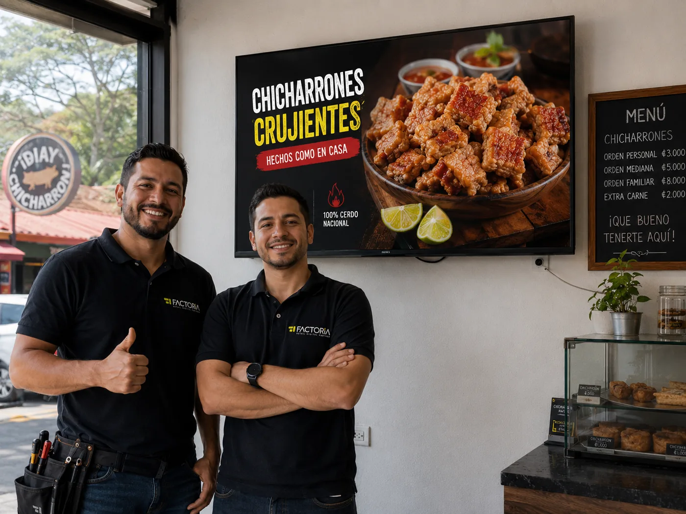Equipo de Factoría junto a una instalación de señalización digital