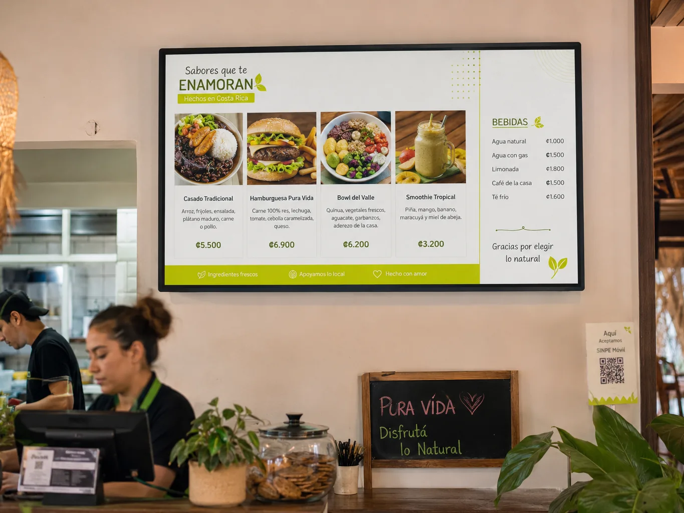 Menú digital en pantalla sobre la caja de un restaurante en Costa Rica