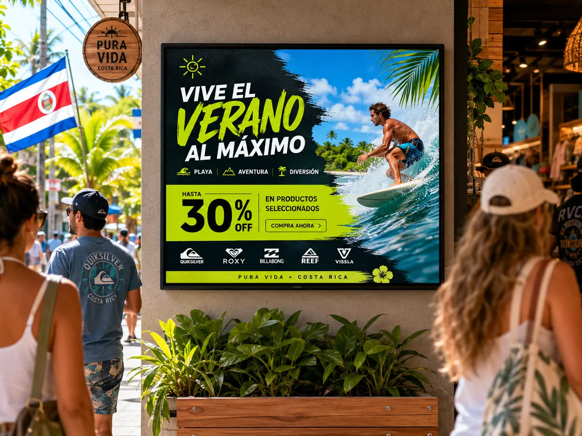 Pantalla profesional de alto brillo a plena luz exterior mostrando una promoción, en Costa Rica
