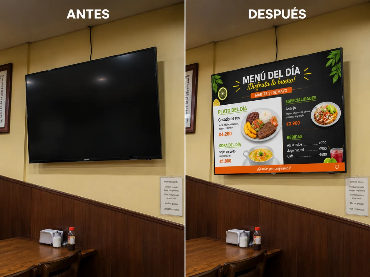 Antes y después: una TV apagada y la misma pantalla mostrando el menú del día en una soda de Costa Rica