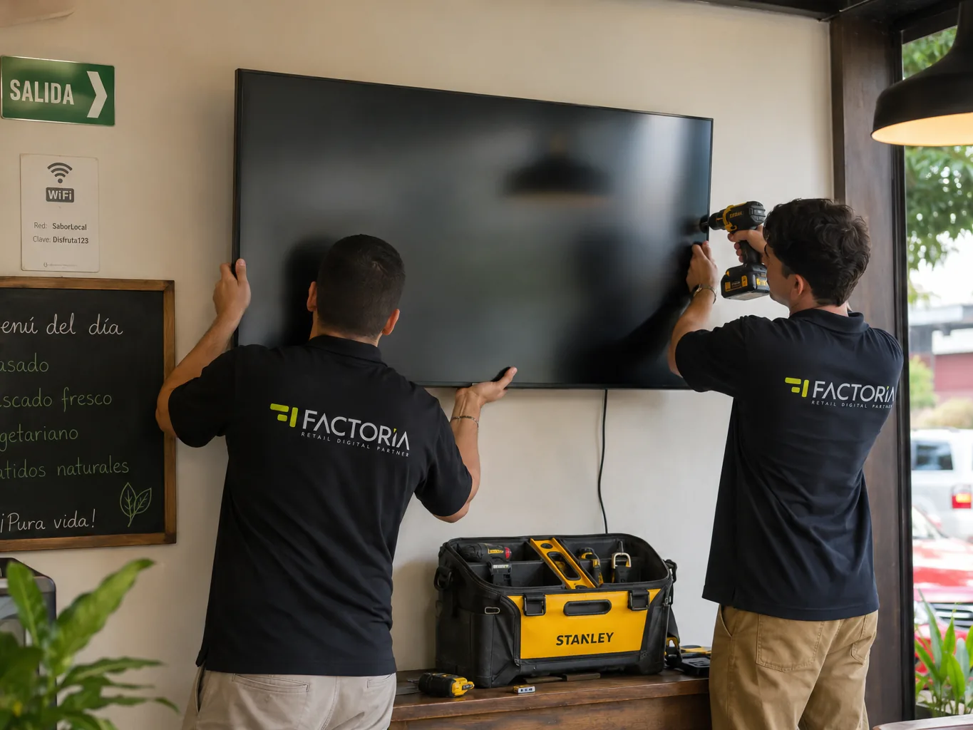 Equipo de Factoría instalando una pantalla en un negocio en Costa Rica
