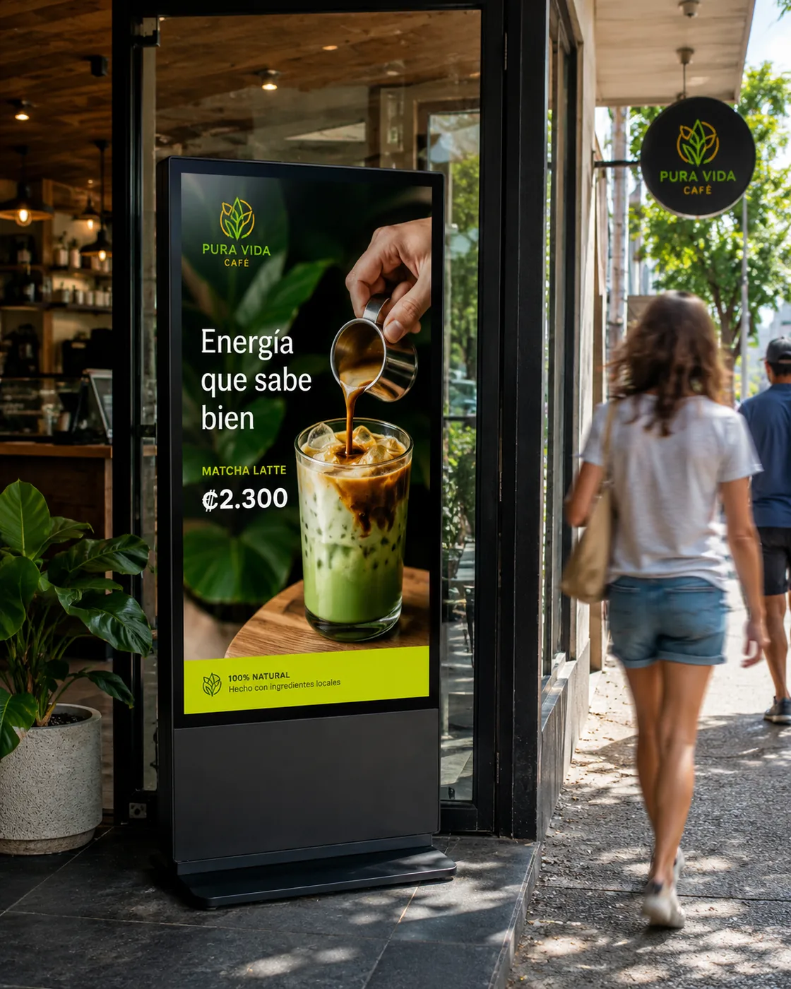 Tótem digital en la entrada de un negocio en Costa Rica