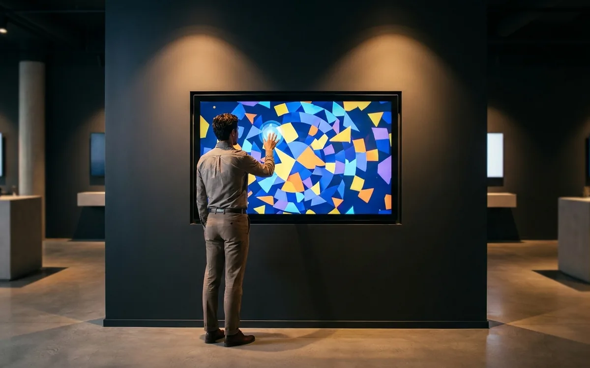 Visitante explorando una experiencia interactiva en una pantalla de showroom