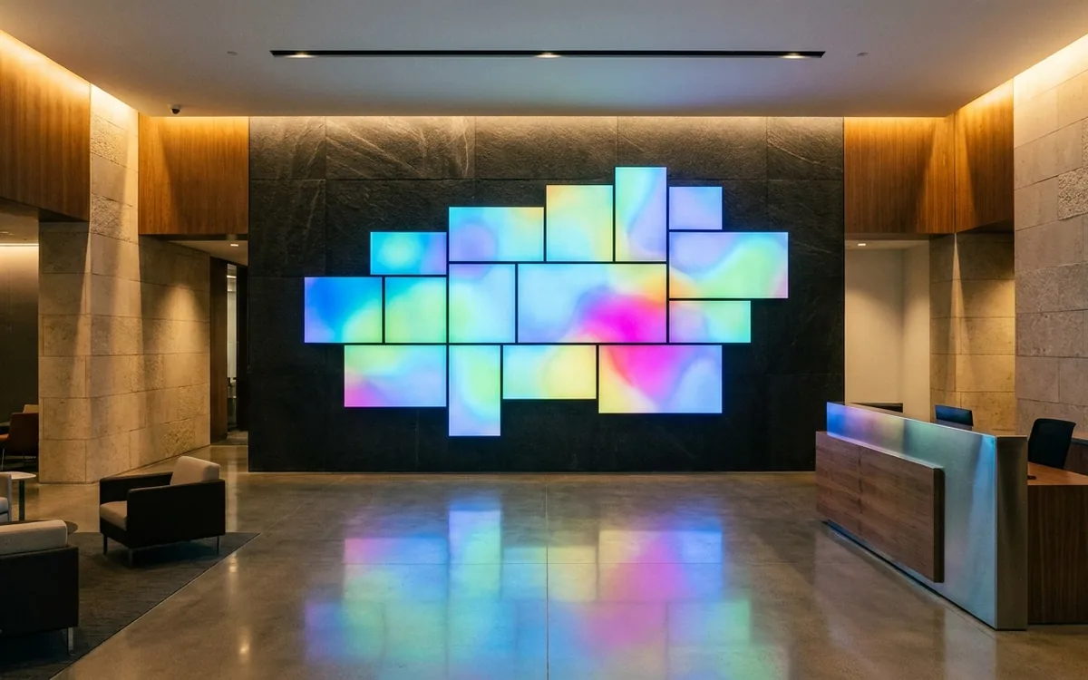 Video wall asimétrico a la medida en el lobby de una empresa