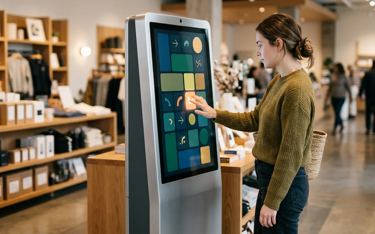 Clienta usando un kiosco táctil de autoconsulta en una tienda